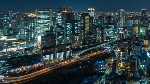 Time-lapse night view of Osaka skyline from Umeda Sky building observatory Stock Footage 127613769