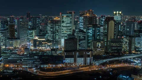Time-lapse night view of Osaka skyline from Umeda Sky building observatory Stock Footage 127613788