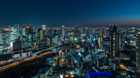 Time-lapse night view of Osaka skyline from Umeda Sky building observatory Stock Footage 127613790