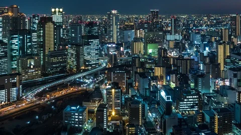 Time-lapse night view of Osaka skyline from Umeda Sky building observatory Stock Footage 127613791