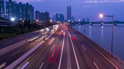 Time lapse Night view of Seoul traffic and Han river Stock Footage