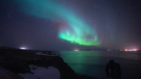 Time lapse of Northern Light or Aurora Borealis in the night sky over Hvitserkur Stock-Footage 101042254