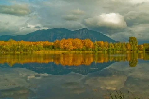 Time Lapse NTSC - Clouds Reflection Pond Trees and Mountains in Fall 動画素材 540544