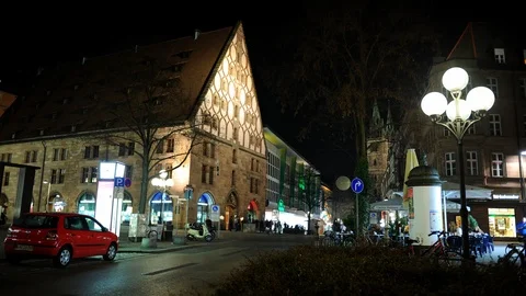 Time Lapse of Nuremberg Center with Crowd of People Walk on Busy Sidewalk Night Stock Footage 95151384