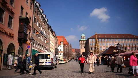 Time Lapse of Nuremberg City Crowd of People Visit Famous Shopping Market Place Stock Footage 104497732