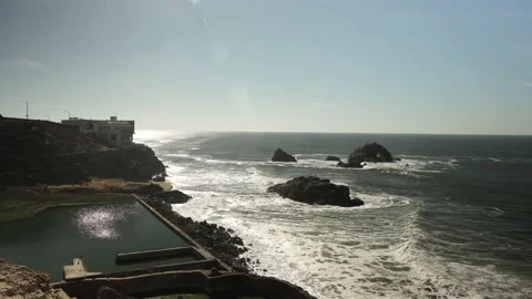 Time lapse of Ocean Waves Hitting Rock Formations, Sutro Baths California Stock Footage 145468678