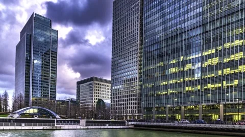 Time lapse of office buildings in Canary Wharf, London Stock Footage 54659837