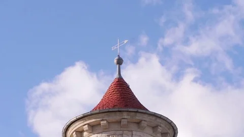 Time Lapse of an Old Building Top, Wind vane, Blue Sky, White Clouds, 4K Stock Footage 84926826