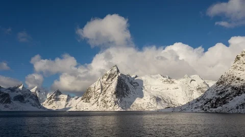 Time lapse of Olstind mountain peak view from Hamnoy village Stock Footage 124766832