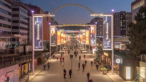 Time lapse on Olympic Way and Wembley Stadium at dusk, Wembley, London, England Stock Footage 241496045
