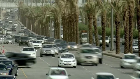 Time lapse of oncoming traffic beside Riyadh palm trees 库存影片 346426462