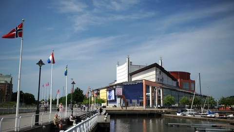 Time Lapse of Opera House Building People and Cars Traffic in Gothenburg City Stock Footage 96686935