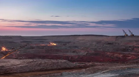 Time lapse. Operating mine at dawn. Sunrise. Excavators. Truck Stock Footage 63754698