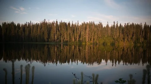 Time-lapse of orange clouds moving over the forest and river Stock Footage 87563100