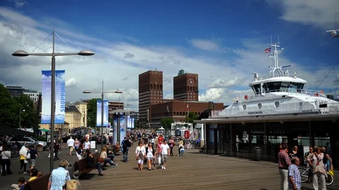 Time Lapse of Oslo Skyline with Crowd of People Walking in City Hall Square Day Video stock 97451829