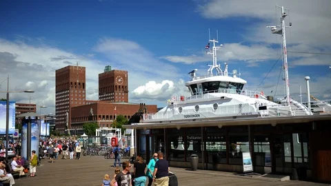 Time Lapse of Oslo Skyline Crowd of People Walking City Port Landmark Sunny Day Stock-Footage 104505802
