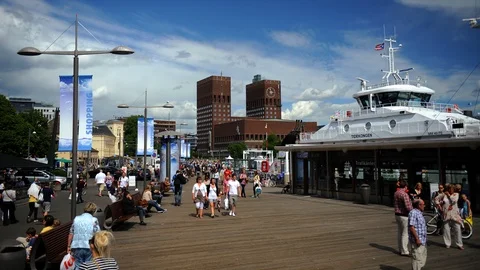 Time Lapse of Oslo Skyline Crowd of People in City Hall Square Sightseeing Day Stock-Footage 104966635
