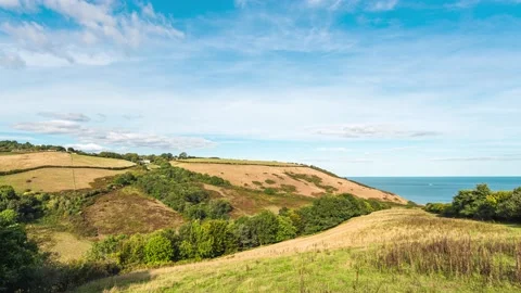Time Lapse over Devon Fields and Farmlands, Kingswear, Brixham, Devon, England Stockbeeldmateriaal 211025493