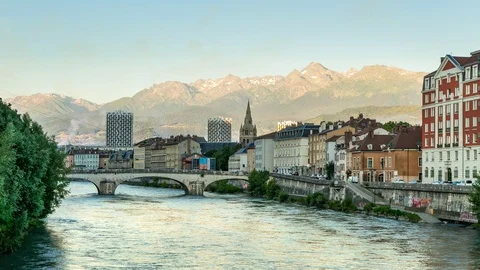 Time lapse over Isere river with mountain background in Grenoble, France Stock Footage 92836389
