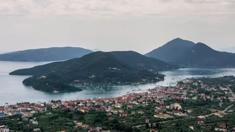 Time lapse overview of Nydri or Nidri with boats moving the bay Stock Footage 246176825