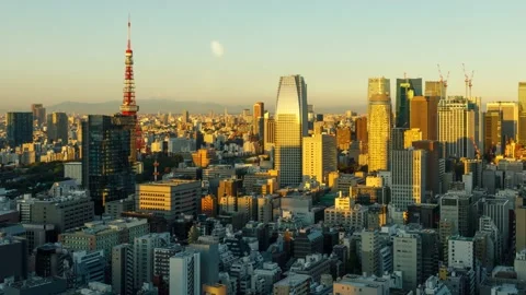 Time Lapse of the packed buildings of Tokyo Japan at sunrise 库存影片 166368257