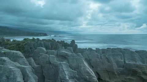 Time-lapse of Pancake Rocks in the blue hour. Punakaiki, New Zealand. Stock Footage 148059141