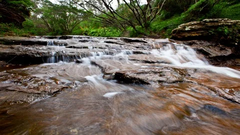 Time lapse panning over water flowing through a stream, day Stock Footage 99429559