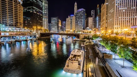 Time Lapse - Panning View of Chicago Skyline over the Chicago River - 4K Stock Footage 97848412