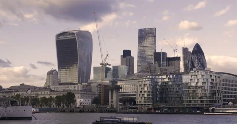 Time lapse panning view of the skyline of the City of London Stock Footage 68579480