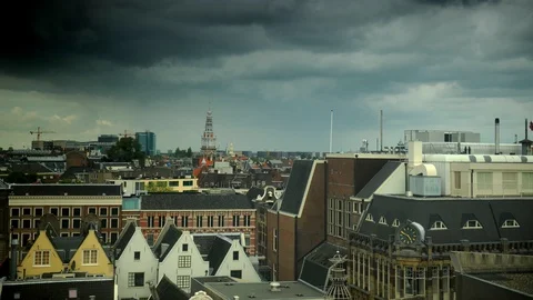 Time Lapse Panoramic Aerial View of Amsterdam Cityscape Old Town Iconic Landmark Stock Footage 99275914