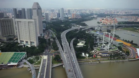 Time Lapse Panoramic Aerial View of Singapore Skyline Cars Traffic on Freeway Stock Footage 109305218