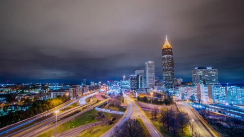 Time Lapse - Panoramic View of Downtown Atlanta Skyline at Night Stock Footage 145509490