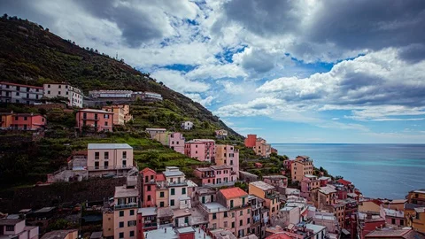 Time Lapse - Panoramic View of Riomaggiore in Cinque Terre Italy - 4K Stock Footage 117155546