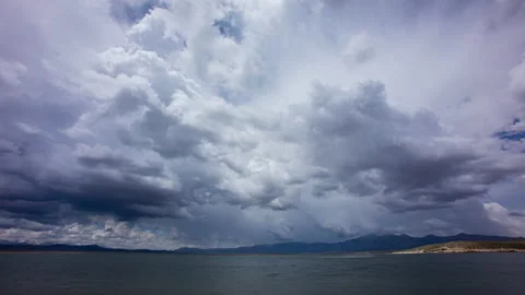 Time Lapse - Panoramic view of stormy clouds above the lake Stock Footage 156642833