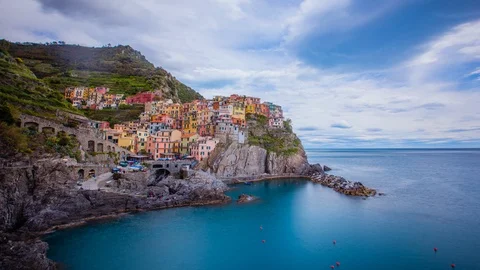Time Lapse - Panoramic View of Village Monarola - Cinque Terre in Italy - 4K Stock Footage 110901129