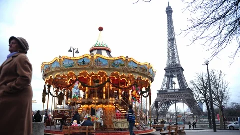 Time Lapse of Paris City Eiffel Tower Tourists Visit Amusement Park Carousel Day Stock Footage 91047464