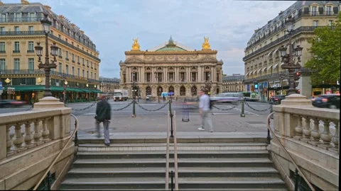 Time-Lapse of Paris Opera Garnier from Metro Exit with Pedestrians and Traffic – Stock Footage 319670487