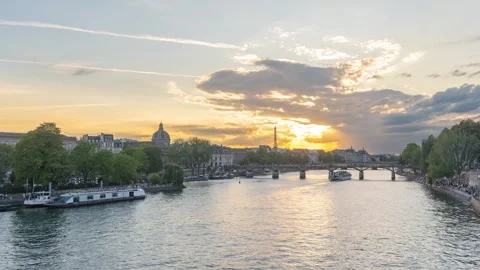 Time Lapse of Paris Sunset at River Seine from Pont Neuf: Captivating Stock Footage 249647736