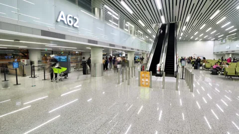 Time-lapse, passengers walking and boarding queue at modern Asian airport Stock Footage 320117573