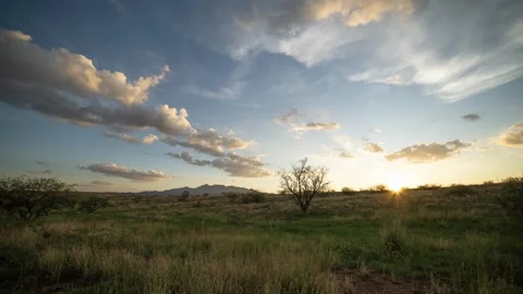 Time lapse of a peaceful sunset above a grassland prairie Stock Footage 313610436