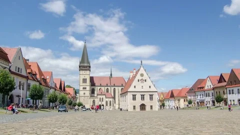 Time lapse of people and clouds in historic center of Bardejov in Slovakia Stock Footage 69190099
