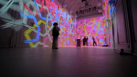 Time lapse: people are exploring the immersive exhibition - video mapping show Stock Footage 339025338