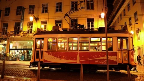 Time Lapse of People Get In Tramway Urban Transportation Old Town Lisbon Night 스톡 동영상 98920230