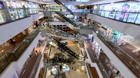 Time Lapse of People Traffic Moving on Retail Mall Escalators to Shopping Stores Stock Footage 267053572