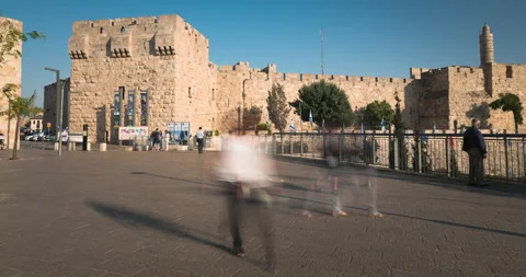 Time lapse of people visiting Jaffa Gate, Bab El Khalil, Jerusalem, Israel Stock Footage 220158426