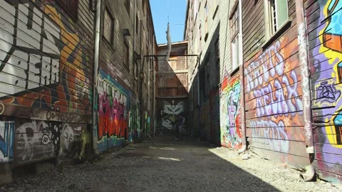 Time lapse of people visiting viewing Graffiti Row murals painted in back Stock Footage 170523223