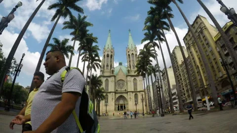 Time lapse of people walking in front of Metropolitan Cathedral of Sao Paulo Video stock 105880261