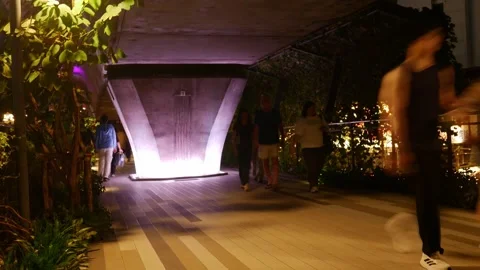 Time Lapse People Walking on Illuminated Garden Skywalk Видео 339067574