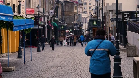 Time lapse with people walking in the Old Town, Bucharest, feb 2018, 4K Stock Footage 97475370