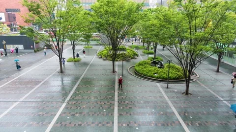 Time lapse of people walking in rain at urban city square Stock Footage 77006238